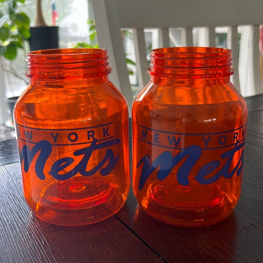 (2)-16 oz New York Mets mason Jar plastic drinking tumbler